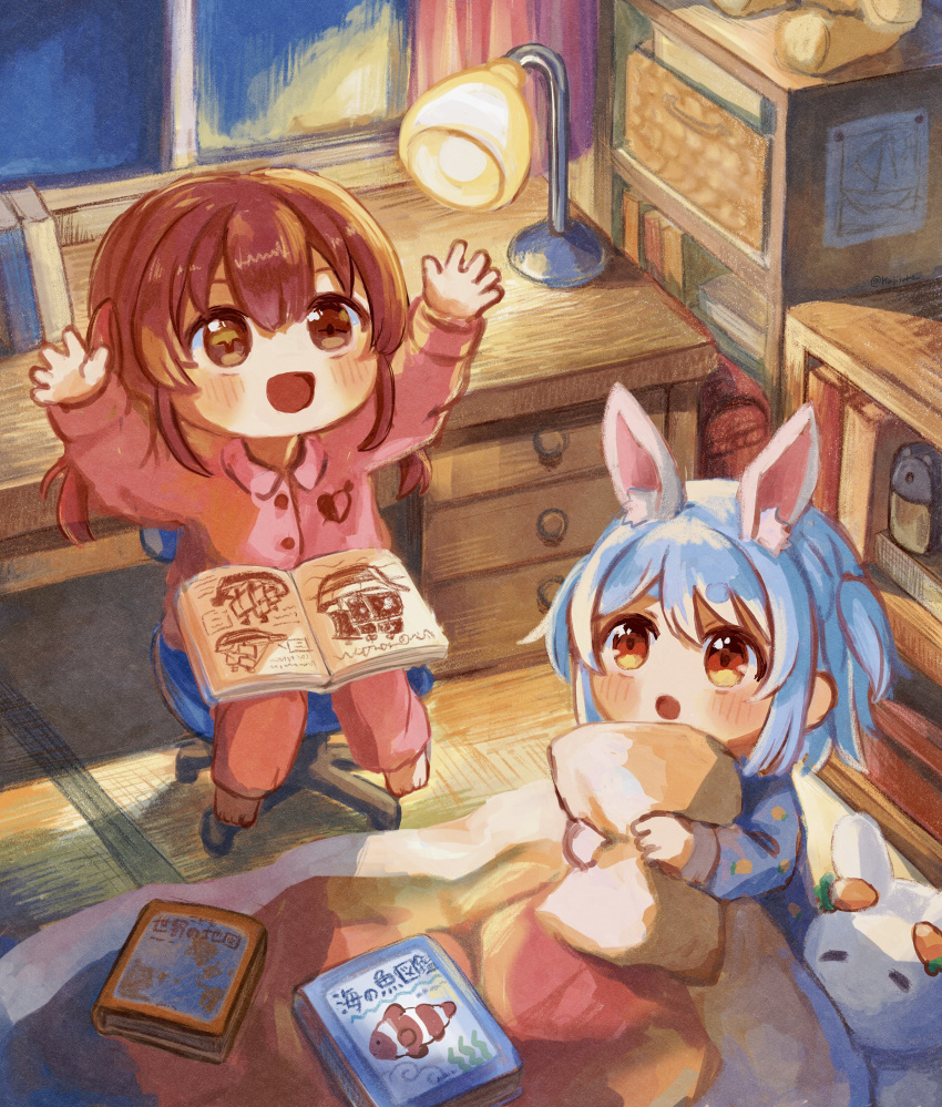 2girls, absurdres, aged_down, animal_ear_fluff, animal_ears, arms_up, bangs, bedroom, blue_hair, book, bookshelf, chair, child, desk, desk_lamp, drawer, futon, hair_between_eyes, heterochromia, highres, hololive, houshou_marine, kujirako_(user_wusc5438), lamp, long_hair, long_sleeves, looking_up, multiple_girls, nousagi_(usada_pekora), object_hug, office_chair, on_floor, open_mouth, orange_eyes, pajamas, pink_pajamas, rabbit_ears, rabbit_girl, red_eyes, redhead, short_eyebrows, sidelocks, sitting, tatami, thick_eyebrows, twintails, usada_pekora, virtual_youtuber, yellow_eyes