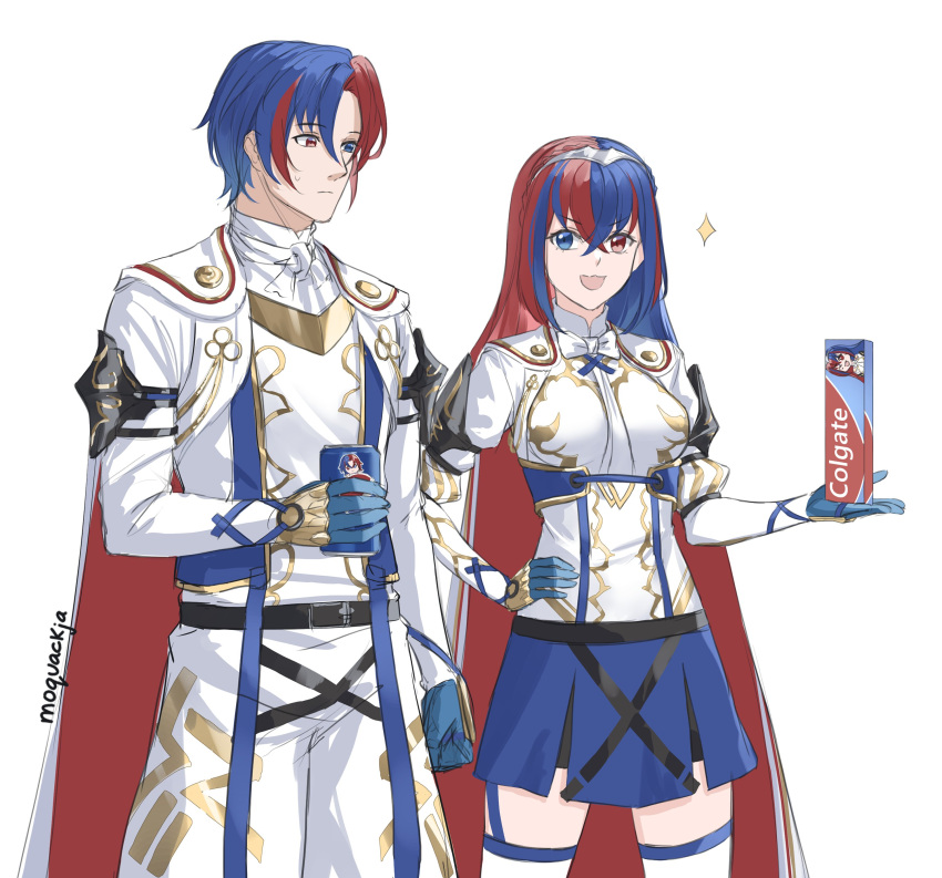 1boy, 1girl, absurdres, alear_(fire_emblem), alear_(fire_emblem)_(female), alear_(fire_emblem)_(male), armor, bangs, blue_eyes, blue_hair, blush, breasts, crossed_bangs, dual_persona, fire_emblem, fire_emblem_engage, gloves, heterochromia, highres, jewelry, long_hair, medium_breasts, moja_(rainpoow), multicolored_hair, pepsi, red_eyes, redhead, smile, toothpaste, two-tone_hair, very_long_hair