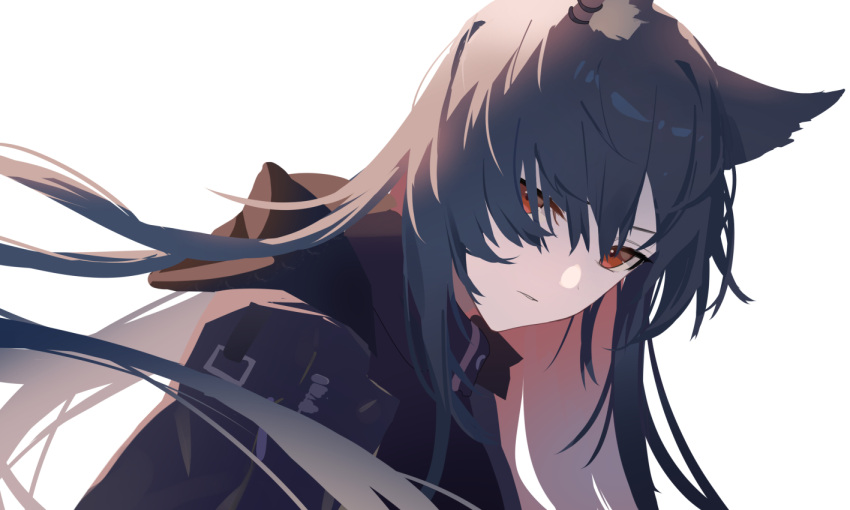 1girl, animal_ear_fluff, animal_ears, arknights, bangs, black_hair, black_jacket, commentary