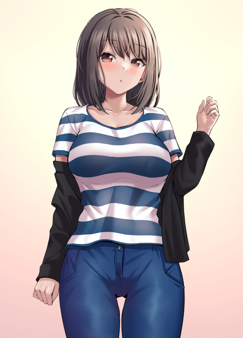 1girl, :o, absurdres, arm_at_side, bang_dream!, bangs, black_jacket, blue_pants