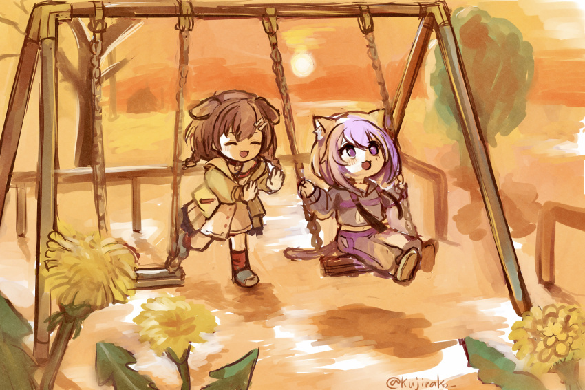 2girls, :3, absurdres, animal_collar, animal_ears, baggy_pants, black_hoodie, blue_footwear, braid, cat_ears, cat_girl, cat_tail, closed_eyes, collar, dog_ears, dog_girl, drawstring, dress, extra_ears, hair_between_eyes, hair_ornament, hairclip, highres, hololive, hood, hoodie, inugami_korone, jacket, kujirako_(user_wusc5438), long_sleeves, looking_up, low_twin_braids, multiple_girls, nekomata_okayu, open_clothes, open_jacket, open_mouth, outdoors, pants, purple_hair, pushing, red_socks, shoes, short_dress, short_hair, side_braids, sidelocks, sleeves_past_wrists, sneakers, socks, sunset, swing_set, swinging, tail, twin_braids, twitter_username, violet_eyes, virtual_youtuber, white_dress, white_pants, yellow_footwear, yellow_jacket