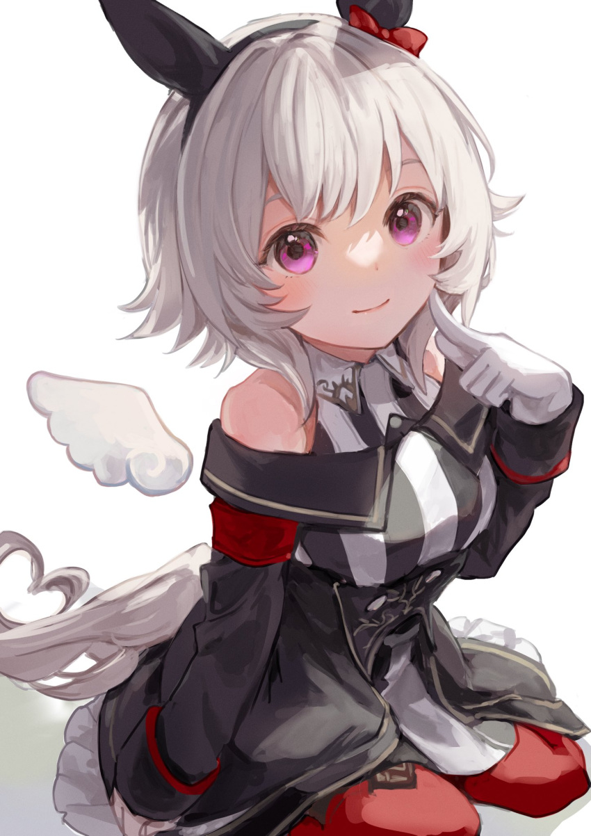 1girl, animal_ears, bare_shoulders, commentary, curren_chan_(umamusume), detached_wings, gloves, grey_hair