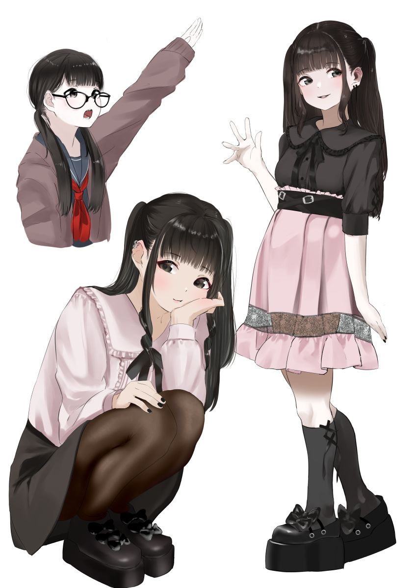 1girl, absurdres, arm_up, black_eyes, black_footwear, black_hair, black_nails, black_shirt, black_skirt, blush, breasts, ear_piercing, full_body, glasses, hair_ornament, hand_up, highres, long_hair, long_sleeves, looking_at_viewer, multiple_views, open_mouth, original, pantyhose, piercing, pink_shirt, pink_skirt, platform_footwear, pleated_skirt, school_uniform, shirt, simple_background, skirt, small_breasts, smile, tama_(tamago), twintails, white_background