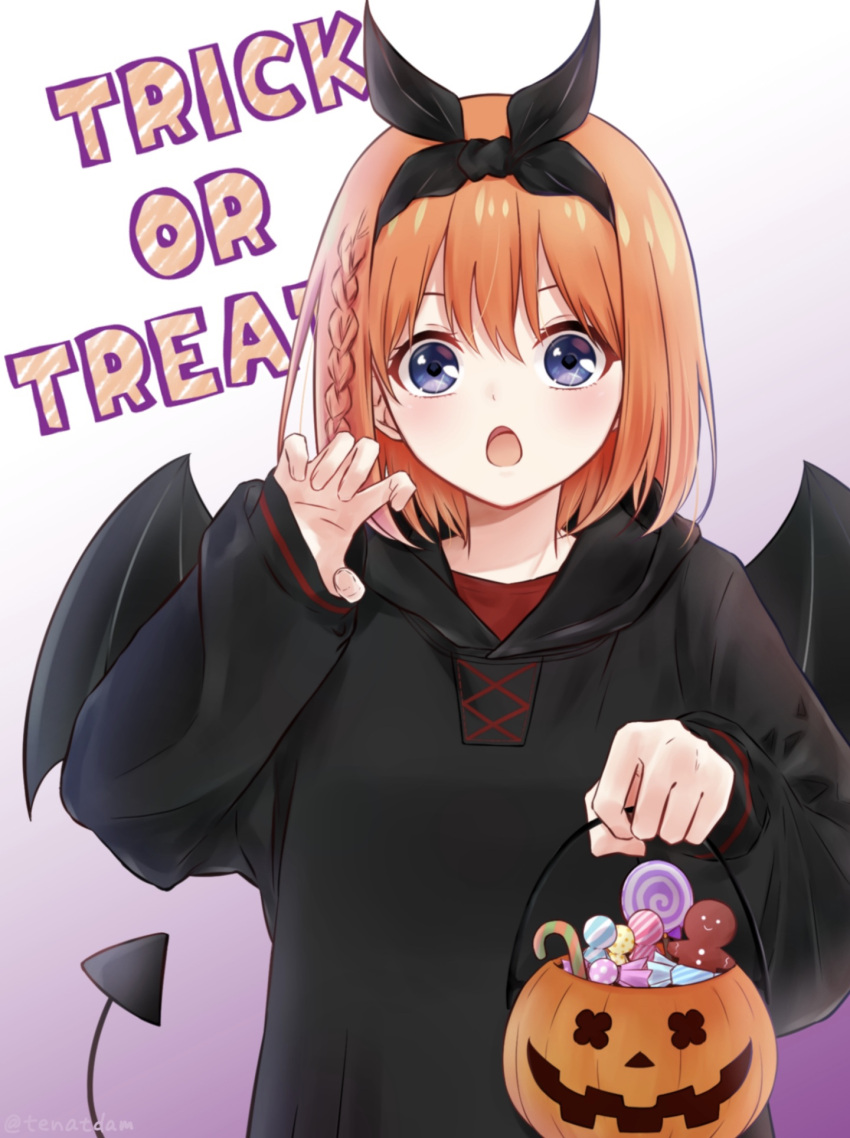 1girl, :o, bangs, black_hairband, black_hoodie, black_wings, blue_eyes, braid