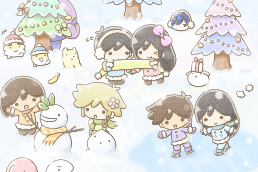>_o, absurdres, aubrey_(omori), bangs_(omori), basil_(omori), black_hair, blue_scarf, blush, boss_(omori), bow, box, brown_hair, brows_(omori), bun_(omori), christmas, christmas_tree, closed_mouth, coat, earmuffs, flying_sweatdrops, gift, gift_box, green_scarf, hair_bow, happy_(omori), hero_(omori), highres, ice_skates, ice_skating, kel_(omori), long_hair, looking_at_another, mari_(omori), mittens, nose_(omori), omori, one_eye_closed, open_mouth, orange_scarf, pink_bow, purple_scarf, scarf, short_hair, skates, skating, smile, snow, snowing, sunny_(omori), wafu_(wafu39080)