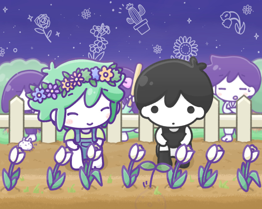 1girl, 4boys, absurdres, aubrey_(omori), barefoot, basil_(omori), black_eyes, black_hair