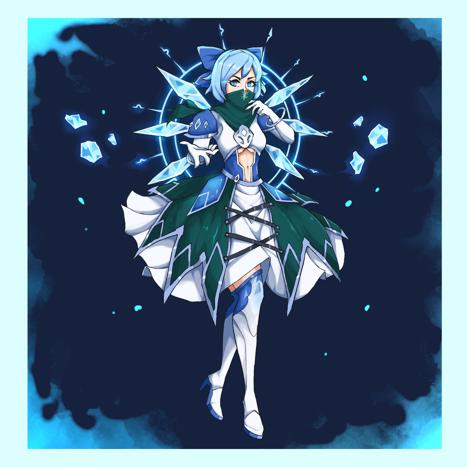adventurequest_worlds, black_background, blue_bow, blue_eyes, blue_hair, boots, bow, cirno