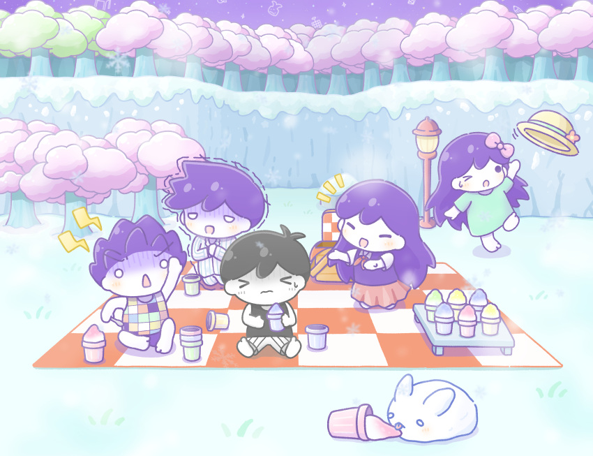 >_<, >_o, 2girls, 3boys, absurdres, aubrey_(omori), black_hair, blanket