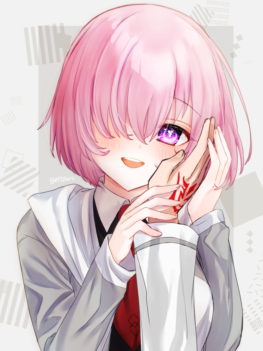 1boy, 1girl, black_dress, blush, chaldea_uniform, collared_dress, command_spell, commentary_request, dress, fate/grand_order, fate_(series), fujimaru_ritsuka_(male), grey_jacket, hair_over_one_eye, hand_on_another's_cheek, hand_on_another's_face, hand_pov, harukappa, highres, holding_hands, jacket, long_sleeves, looking_at_viewer, mash_kyrielight, multicolored_clothes, multicolored_jacket, necktie, one_eye_covered, open_clothes, open_jacket, open_mouth, out_of_frame, pink_hair, pov, red_necktie, short_hair, smile, teeth, twitter_username, two-tone_jacket, upper_body, upper_teeth, violet_eyes, white_jacket