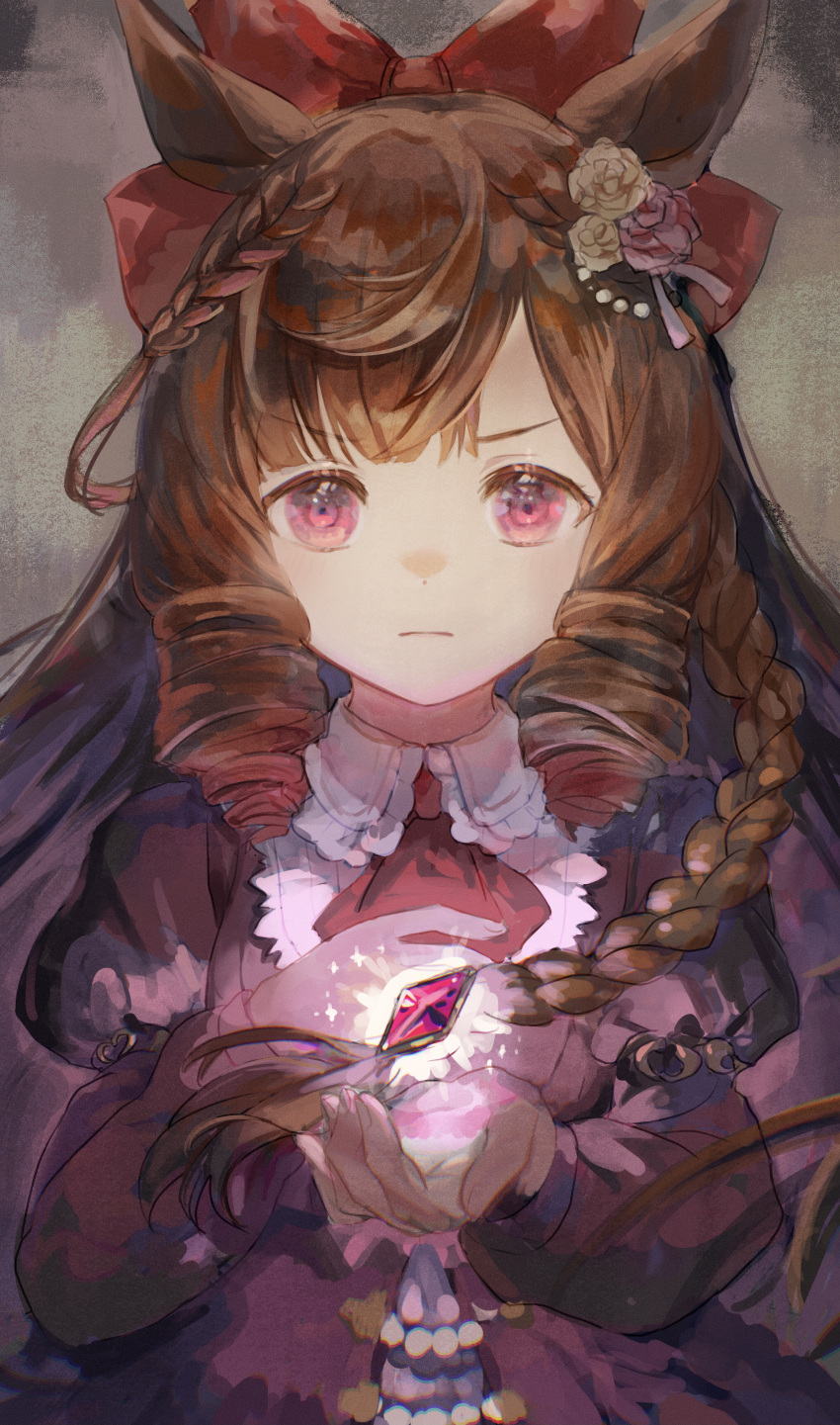 1girl, absurdres, animal_ears, bow, breasts, brown_hair, commentary_request, daiichi_ruby_(umamusume)