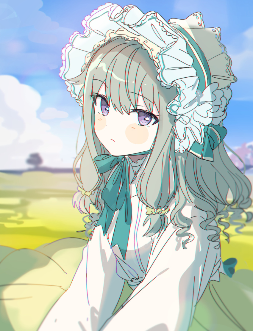 1girl, aqua_bow, bangs, blue_sky, blush, bonnet, bow, closed_mouth