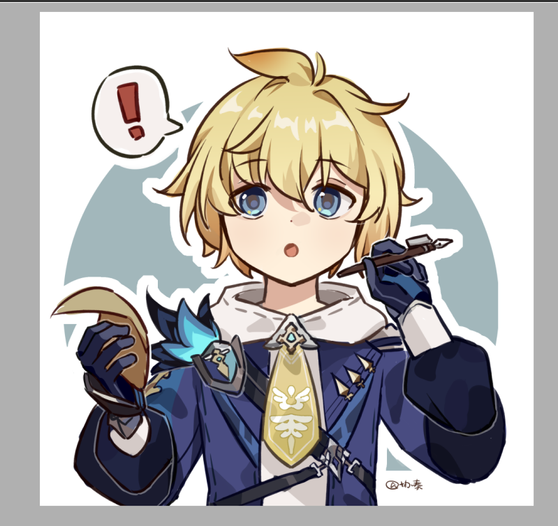 !, 1boy, ahoge, blonde_hair, blue_eyes, blue_gloves, blue_jacket, genshin_impact