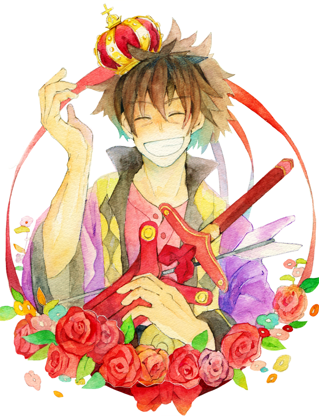 1boy, arrow_(projectile), bangs, black_hair, bow, closed_eyes, coat, crown, flower, grin, hair_between_eyes, holding, holding_weapon, long_hair, machiru_(machirunoosora), male_focus, painting_(medium), ponytail, purple_coat, raven_(tales), red_bow, red_ribbon, ribbon, rose, smile, solo, tales_of_(series), tales_of_vesperia, traditional_media, watercolor_(medium), weapon, white_background