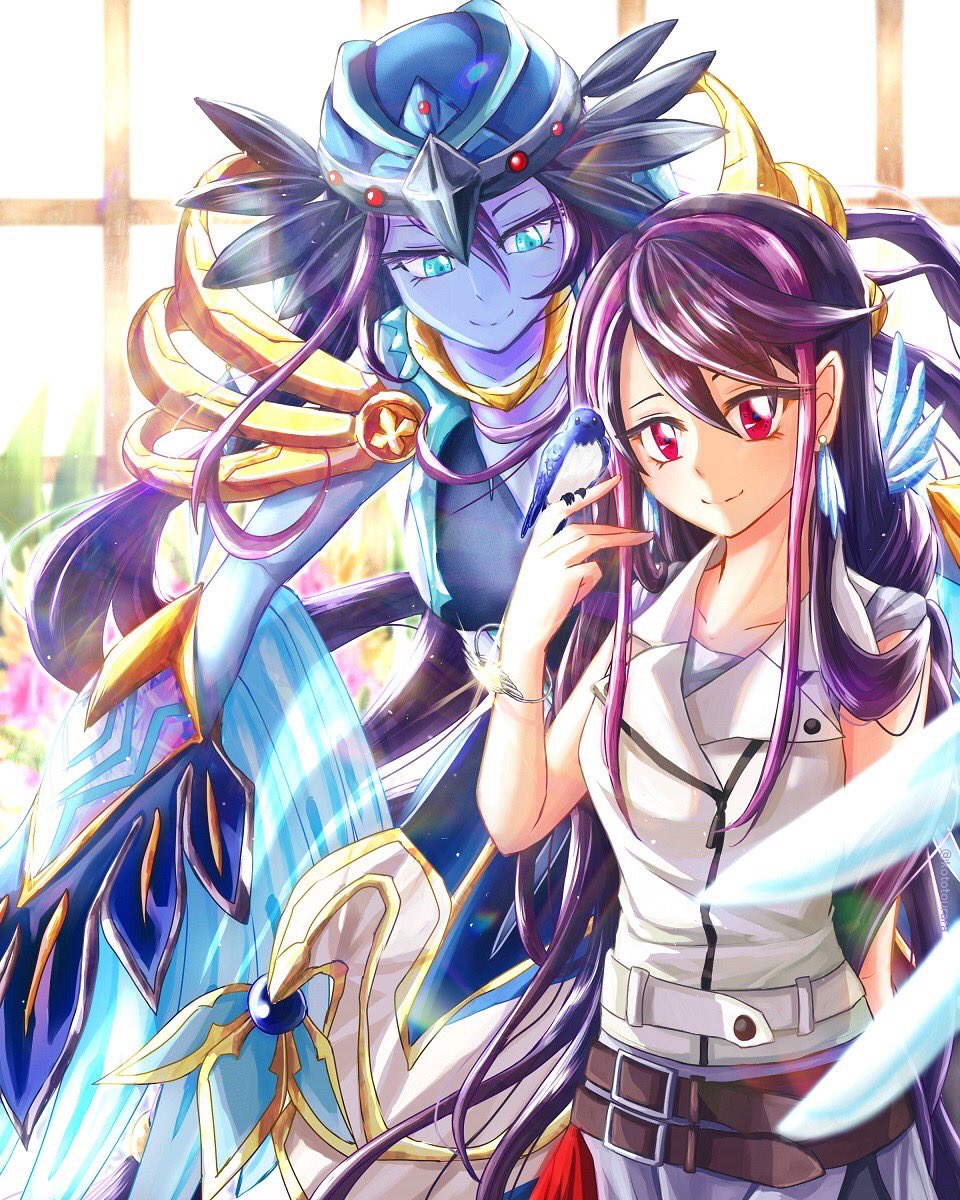 2girls, armor, bangs, bare_shoulders, beads, belt, blue_feathers, blush, bracelet, breasts, colored_skin, duel_monster, earrings, feathers, feet_out_of_frame, grey_eyes, grey_skin, hair_beads, hair_ornament, harpy, hat, highres, kototourara, kurosaki_ruri, large_breasts, long_hair, lyrilusc_-_ensemblue_robin, medium_breasts, midriff, monster_girl, multicolored_hair, open_mouth, pink_hair, purple_hair, shoulder_armor, sideboob, simple_background, skirt, smile, upper_body, very_long_hair, white_background, winged_arms, yu-gi-oh!, yu-gi-oh!_arc-v, yuu-gi-ou, yuu-gi-ou_arc-v