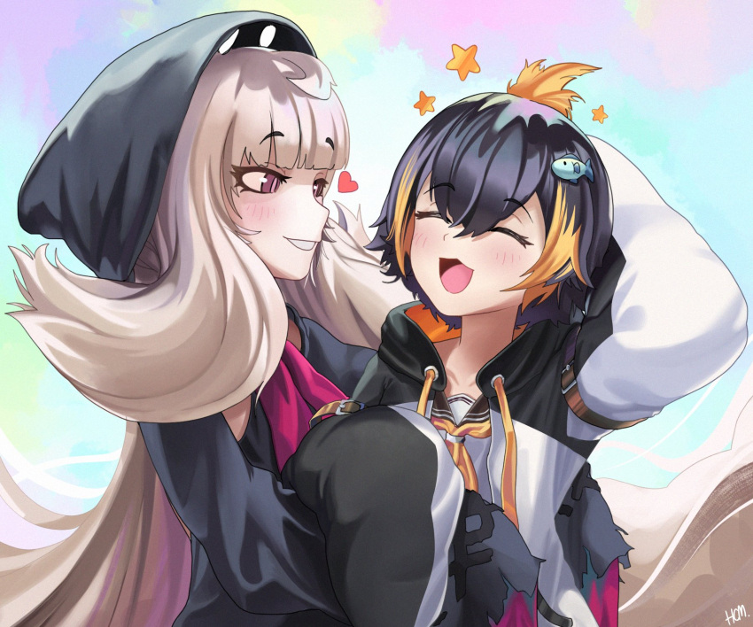 2girls, ^_^, black_hair, black_headwear, black_jacket, blush, closed_eyes, fish_hair_ornament, grey_hair, hair_ornament, heart, hechium, highres, hood, hooded_jacket, hug, jacket, long_hair, looking_at_another, multicolored_clothes, multicolored_jacket, multiple_girls, neckerchief, nijisanji, nijisanji_en, orange_hair, parted_lips, petra_gurin, reimu_endou, sailor_collar, shirt, short_hair, sleeves_past_fingers, sleeves_past_wrists, smile, two-tone_jacket, very_long_hair, violet_eyes, virtual_youtuber, white_jacket, white_shirt, yellow_neckerchief, yuri