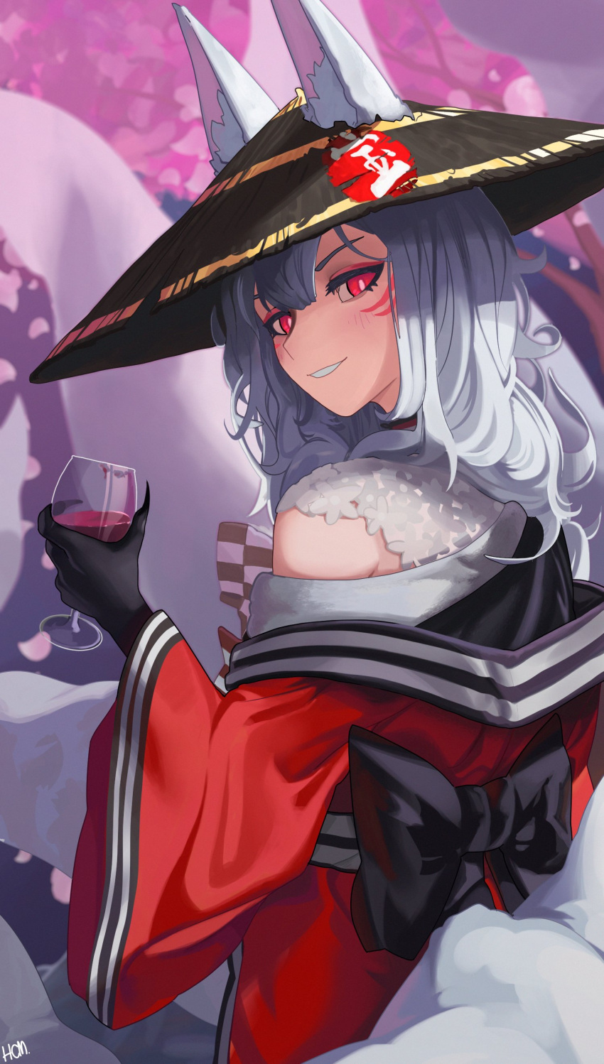 1girl, absurdres, alcohol, animal_ear_fluff, animal_ears, black_bow, black_gloves, black_headwear