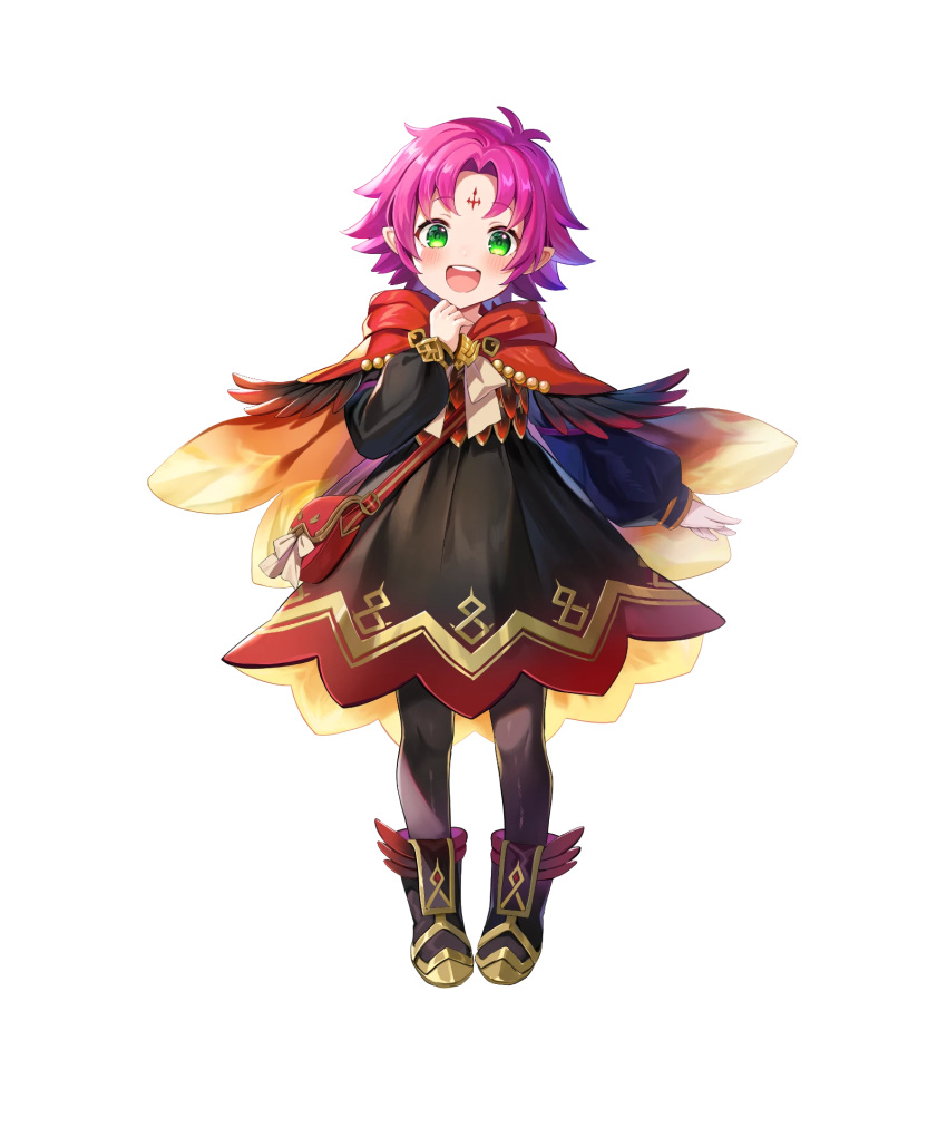1girl, alternate_costume, black_dress, boots, capelet, child, dress, facial_mark, fae_(fire_emblem), feather_trim, female_child, fire_emblem, fire_emblem:_the_binding_blade, fire_emblem_heroes, forehead_mark, gold_trim, gradient, gradient_clothes, green_eyes, highres, long_sleeves, non-web_source, official_art, pantyhose, pointy_ears, satoupote, shiny, shiny_hair, short_dress, short_hair, transparent_background
