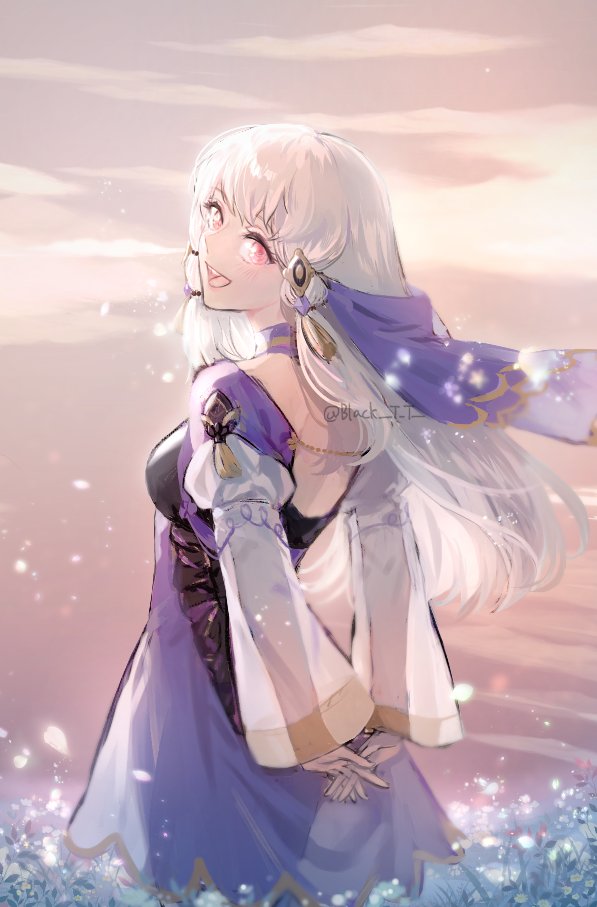 1girl, backless_dress, backless_outfit, black_t_t, blush, breasts, clouds, commentary_request, dress, fire_emblem, fire_emblem:_three_houses, floating_hair, from_behind, korean_commentary, long_hair, long_sleeves, looking_at_viewer, lysithea_von_ordelia, medium_breasts, open_mouth, orange_sky, outdoors, own_hands_together, petals, pink_eyes, plant, purple_dress, sky, smile, solo, twitter_username, veil, white_hair, white_sleeves, wide_sleeves