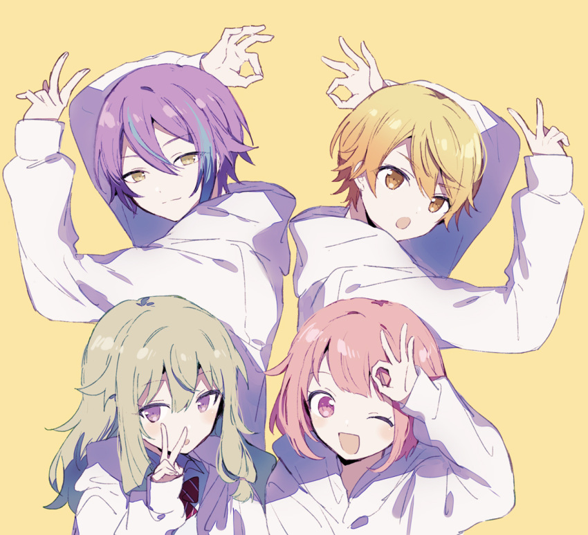2boys, 2girls, arm_up, bangs, blonde_hair, closed_mouth, goodbye_sengen_(vocaloid), green_hair, hair_between_eyes, hood, hood_down, hoodie, kamishiro_rui, kusanagi_nene, long_hair, long_sleeves, low-tied_long_hair, multiple_boys, multiple_girls, ok_sign, one_eye_closed, ootori_emu, open_mouth, pink_eyes, pink_hair, project_sekai, purple_hair, sidelocks, skunlv, tenma_tsukasa, upper_body, v, violet_eyes, white_hoodie, wonderlands_x_showtime_(project_sekai), yellow_background, yellow_eyes