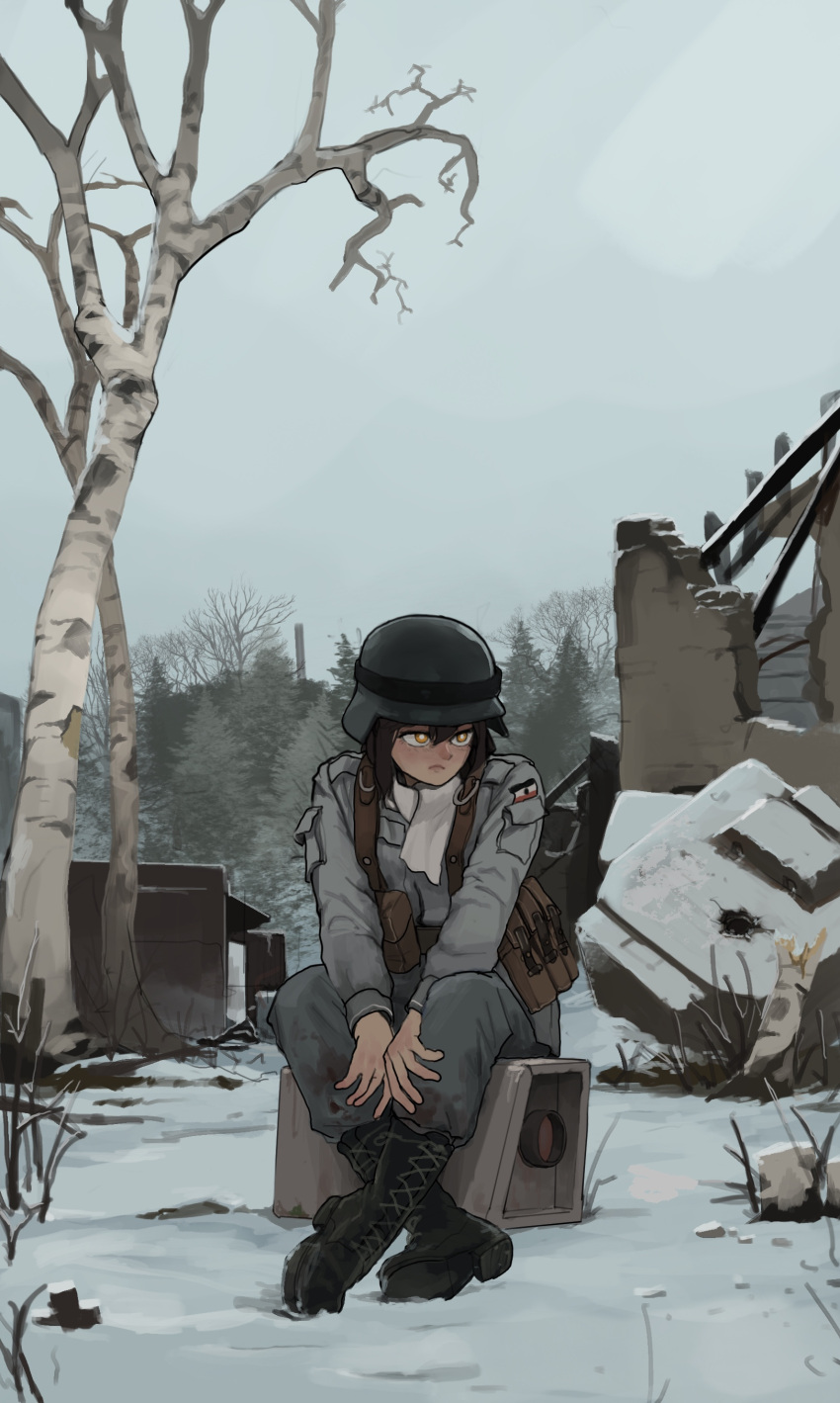 1girl, absurdres, boots, bright_pupils, brown_hair, building, closed_mouth, debris, destruction, helmet, highres, long_sleeves, military, military_uniform, original, outdoors, pants, rifleman1130, rubble, ruins, scarf, sitting, snow, soldier, tree, uniform, white_pupils, white_scarf, winter, yellow_eyes