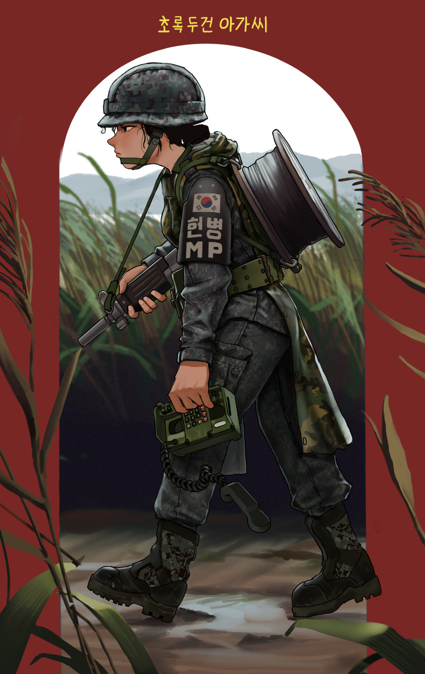 1girl, absurdres, armband, boots, brown_hair, camouflage, gun, helmet