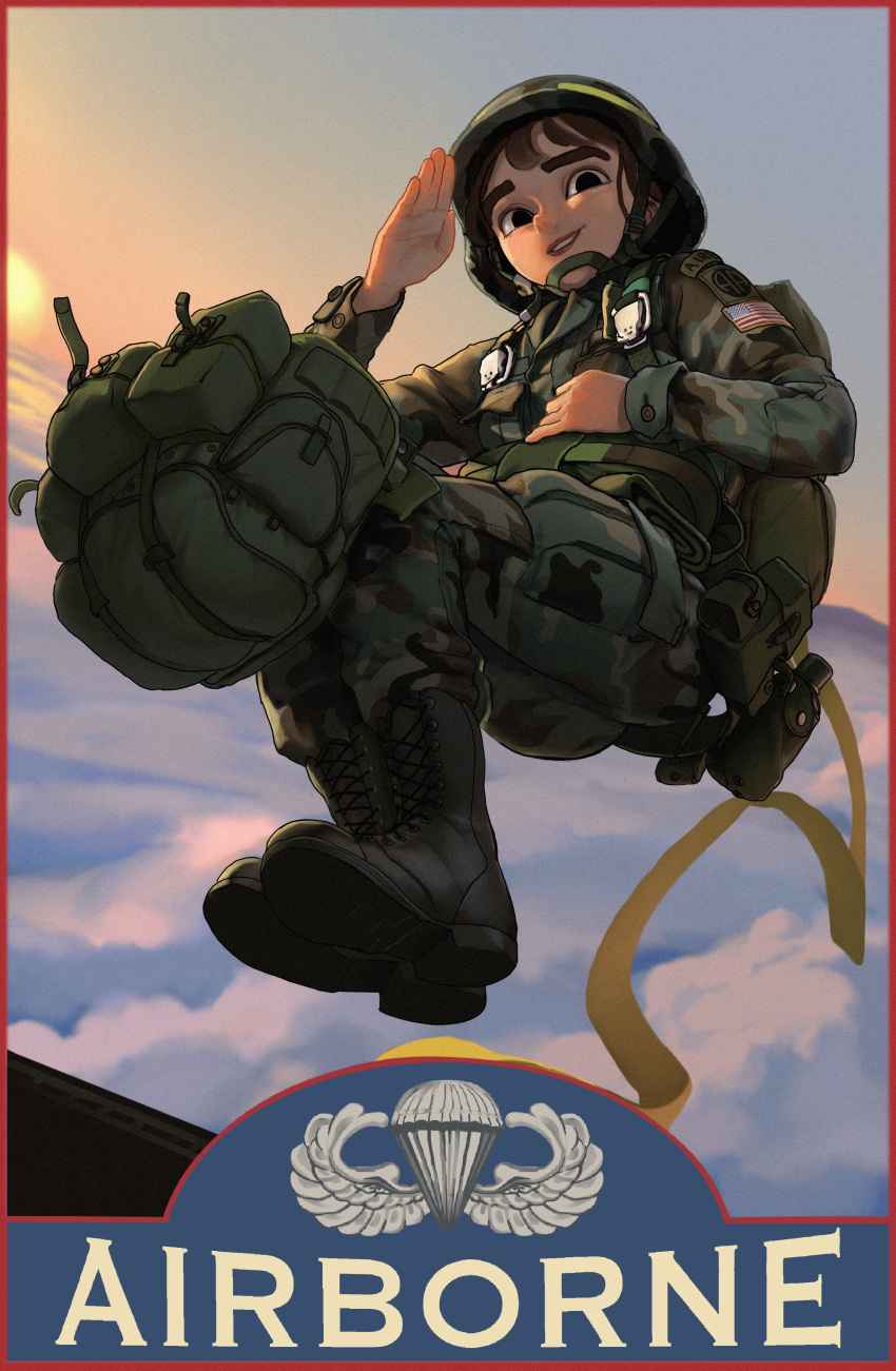 1girl, absurdres, american_flag, american_flag_print, army, backpack, bag, black_eyes, boots, brown_hair, camouflage, english_text, flag_print, hand_up, helmet, highres, light_smile, long_sleeves, looking_at_viewer, midair, military, military_uniform, original, outdoors, parachute, rifleman1130, salute, short_hair, soldier, solo, uniform, united_states_army