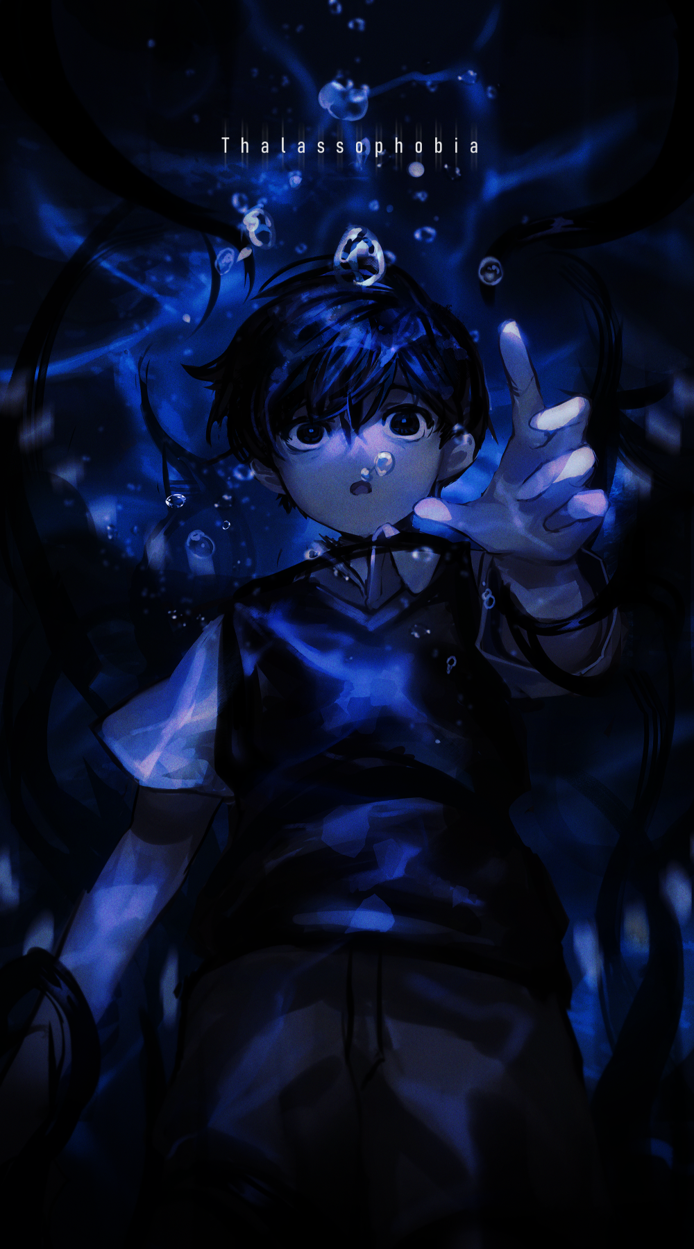 1boy, asphyxiation, black_eyes, black_hair, black_sweater_vest, bubble, collared_shirt, drowning