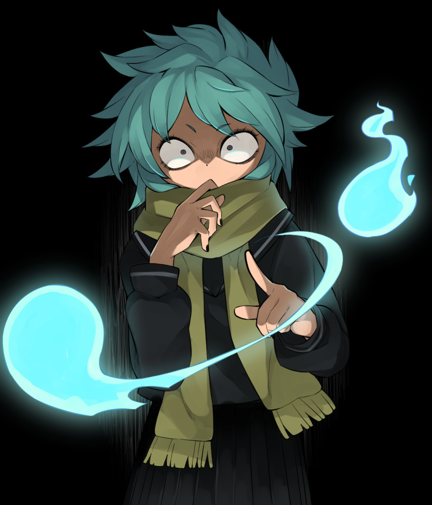 1girl, adjusting_scarf, bangs, black_background, black_nails, black_sailor_collar, black_shirt, black_skirt, blue_fire, blue_hair, commentary_request, constricted_pupils, covered_mouth, cowboy_shot, dark, datemegane, fire, flat_chest, green_scarf, grey_eyes, hands_up, highres, index_finger_raised, let's_go_kaikigumi, long_sleeves, looking_at_viewer, mechako_(let's_go_kaikigumi), messy_hair, nail_polish, partial_commentary, pleated_skirt, sailor_collar, scarf, school_uniform, shirt, short_hair, sidelocks, simple_background, skirt, solo, spiky_hair, standing