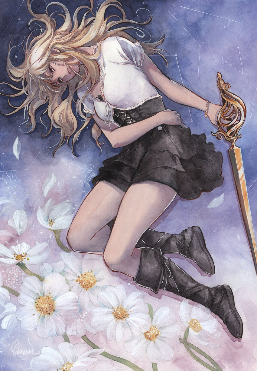 1girl, black_dress, black_footwear, blonde_hair, boots, closed_mouth, commentary, commission