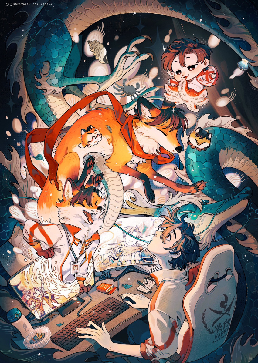 5boys, alternate_form, animal, animalization, antlers, black_hair, blue_scales, bottle