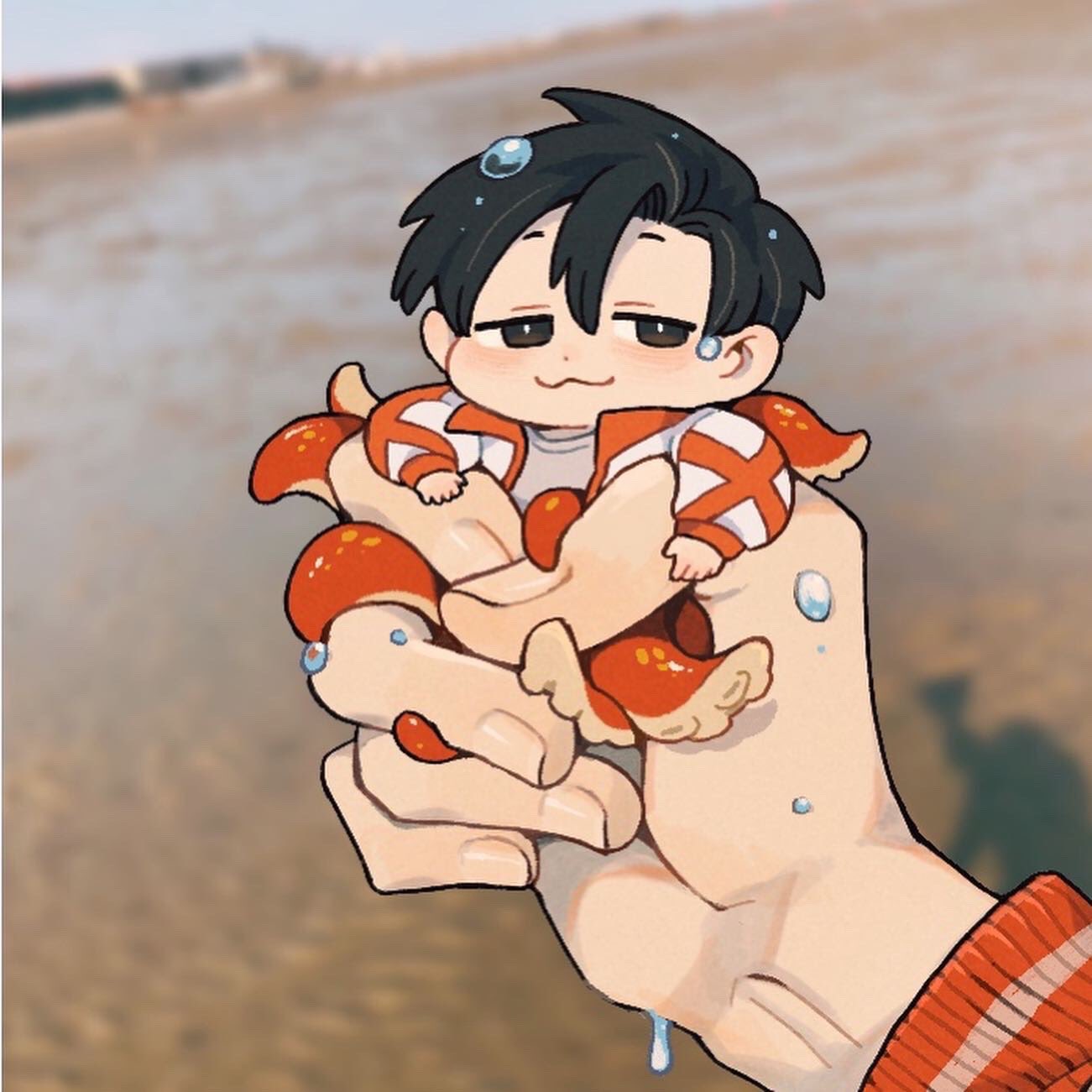 1boy, :3, beach, black_eyes, black_hair, bright_pupils, chibi, chinese_commentary