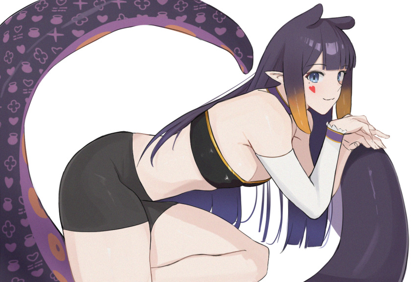 1girl, :3, arm_warmers, bike_shorts, blue_eyes, clover, facial_mark, heart