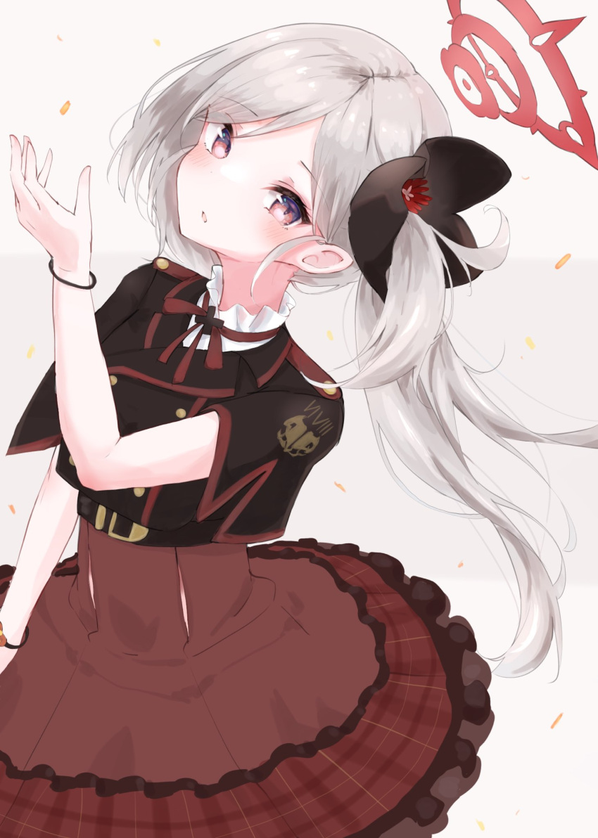 1girl, bangs, black_flower, black_jacket, blue_archive, brown_skirt, commentary_request, flower, frilled_skirt, frills, grey_background, grey_hair, hair_flower, hair_ornament, halo, hand_up, highres, jacket, long_hair, looking_at_viewer, mutsuki_(blue_archive), noko_(nco029685627), parted_bangs, parted_lips, plaid, plaid_skirt, shirt, short_sleeves, side_ponytail, simple_background, skirt, solo, very_long_hair, white_shirt, wide_sleeves