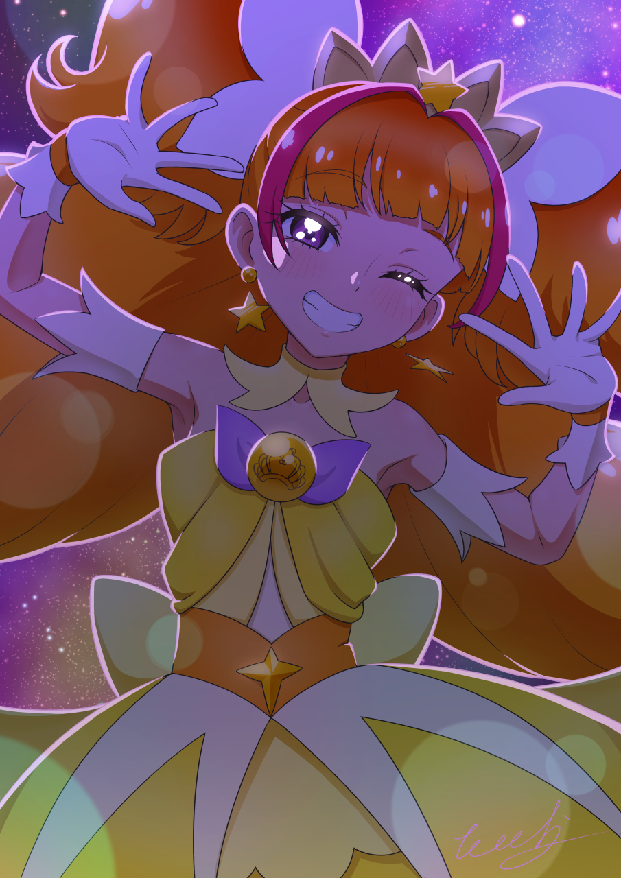 1girl, amanogawa_kirara, back_bow, bow, choker, cure_twinkle, dress, earrings