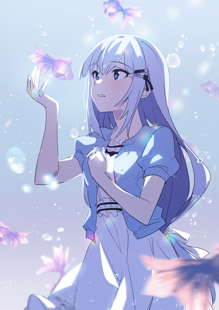 1girl, ap_bar, bangs, blue_background, blue_cardigan, blue_eyes, bubble, cardigan
