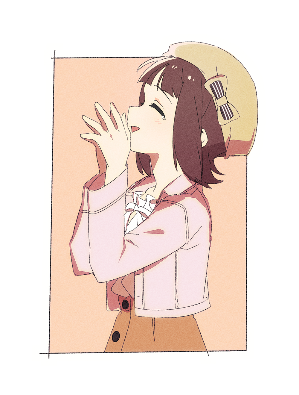 1girl, amami_haruka, ap_bar, bangs, border, brown_hair, brown_skirt, buttons
