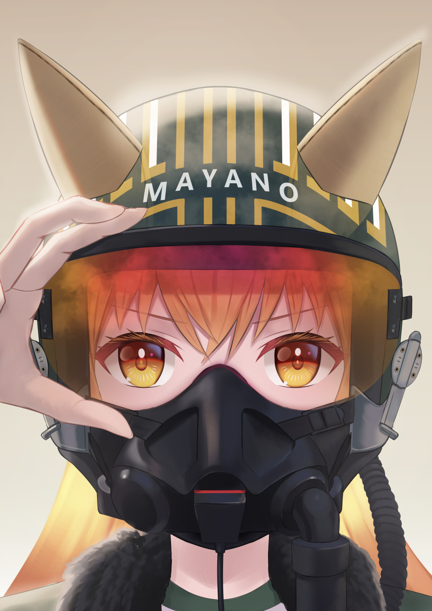1girl, adjusting_clothes, adjusting_headwear, answering, bomber_jacket, ear_covers, fur-trimmed_jacket, fur_trim, helmet, highres, horse_girl, jacket, long_hair, looking_at_viewer, mask, mayano_top_gun_(umamusume), orange_eyes, orange_hair, oxygen_mask, pilot_helmet, simple_background, solo, top_gun:_maverick, umamusume