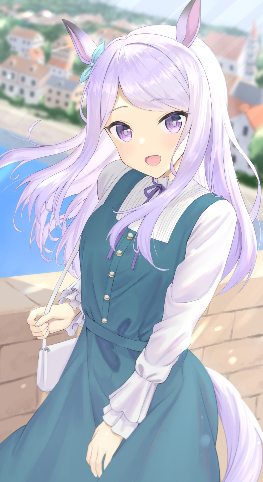 1girl, absurdres, alternate_costume, animal_ears, bag, cyan_71, dress, frilled_sleeves