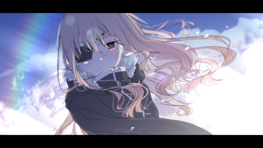 1girl, black_jacket, blonde_hair, eyepatch, fur-trimmed_jacket, fur_trim, higyaku_no_noel, jacket