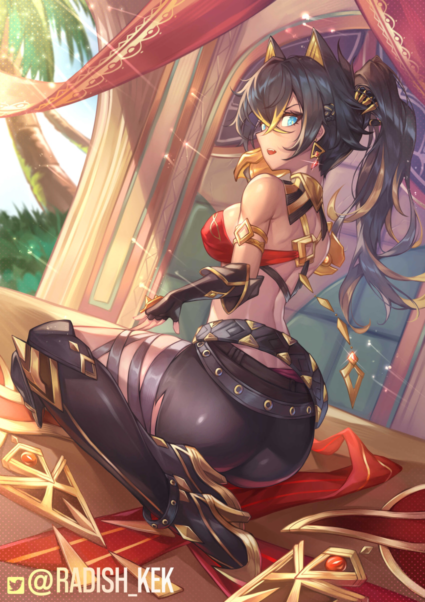1girl, absurdres, armlet, ass, asymmetrical_clothes, back, bangs, blue_eyes