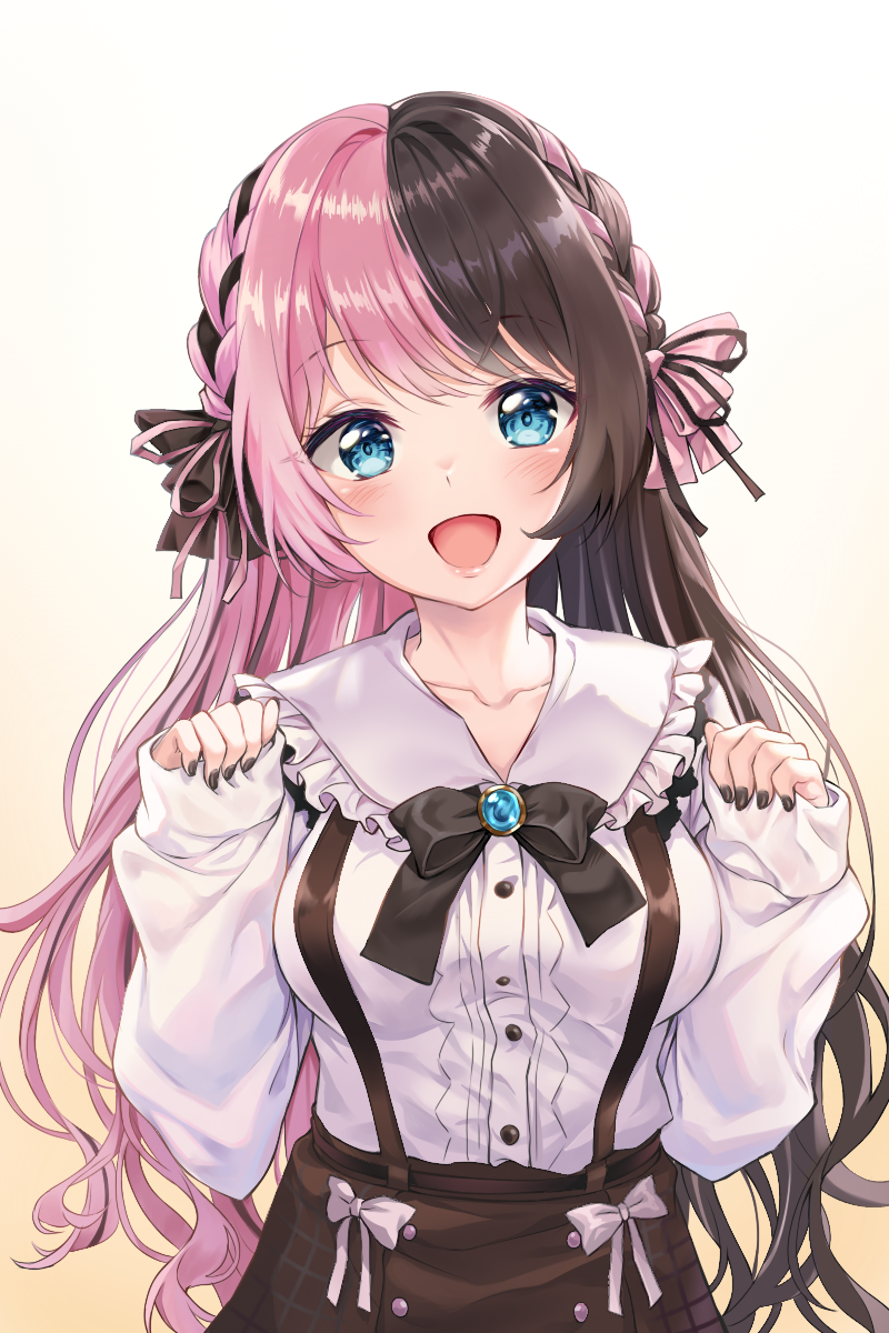 1girl, :d, bangs, black_nails, black_ribbon, braid, brown_hair, collarbone