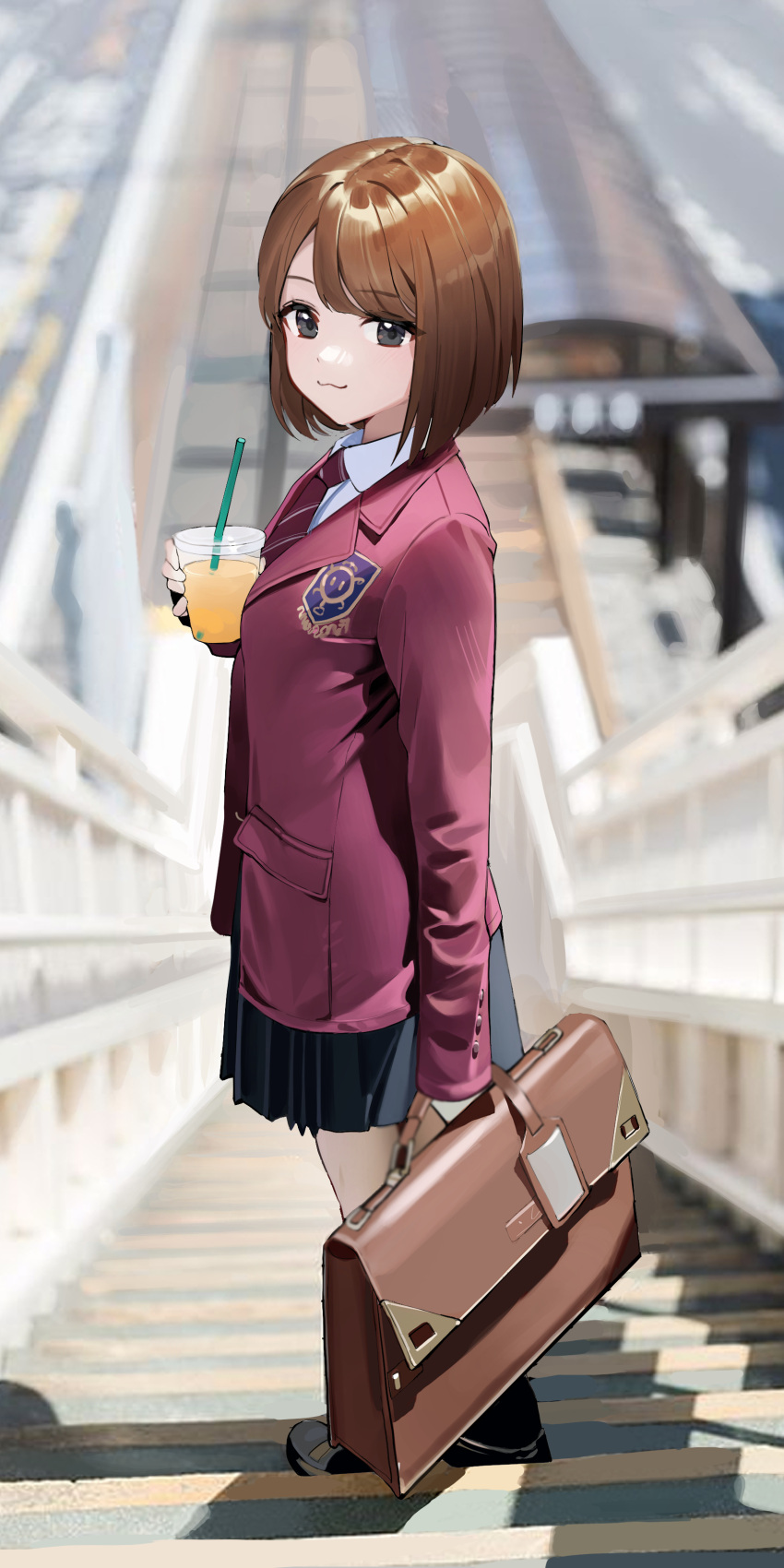 1girl, :3, absurdres, bag, bangs, black_eyes, black_footwear, black_skirt, black_socks, blurry, blurry_background, bob_cut, breasts, brown_bag, brown_hair, closed_mouth, collared_shirt, commentary, cup, disposable_cup, drink, drinking_straw, full_body, hand_up, highres, holding, holding_drink, jacket, long_sleeves, looking_at_viewer, medium_breasts, necktie, original, photo-referenced, pleated_skirt, red_jacket, red_necktie, school_bag, shadow, shirt, short_hair, skirt, socks, solo, stairs, standing, striped_necktie, swept_bangs, white_shirt, yoru_(0_0yoru)