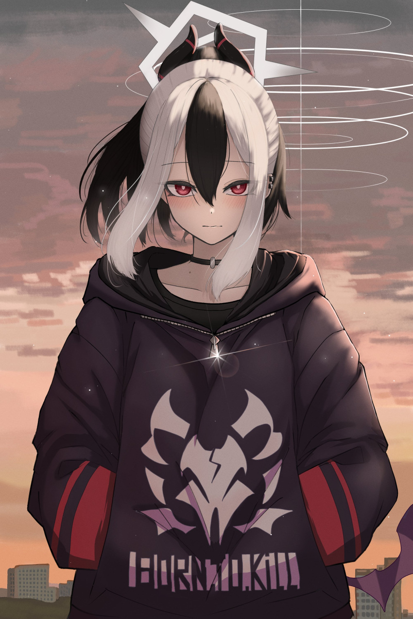 1girl, absurdres, black_hair, black_hoodie, blue_archive, choker, closed_mouth, demon_wings, hair_between_eyes, halo, hands_in_pockets, highres, hood, hoodie, horns, hotta_karasi, kayoko_(blue_archive), looking_at_viewer, multicolored_hair, outdoors, piercing, ponytail, red_eyes, single_wing, sky, solo, two-tone_hair, white_hair, wings