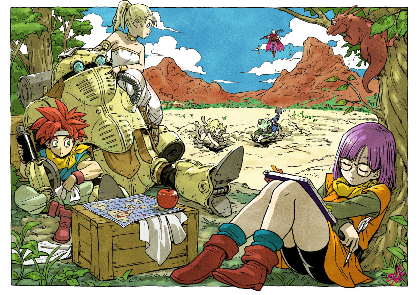 3girls, absurdres, ayla_(chrono_trigger), bare_shoulders, bike_shorts, blonde_hair, breasts, choker