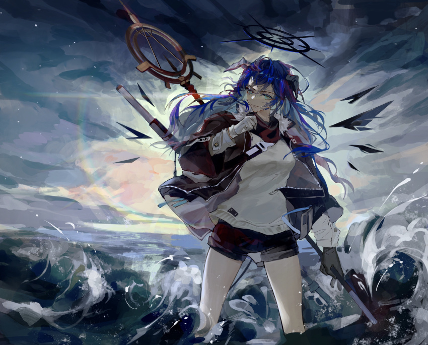 1girl, absurdres, aqua_eyes, arknights, asymmetrical_gloves, bangs, black_gloves, black_jacket, black_shorts, blue_hair, closed_mouth, commentary_request, dalujiadebianyuan, demon_horns, energy_wings, gloves, halo, highres, holding, holding_staff, horns, jacket, long_hair, long_sleeves, looking_at_viewer, mismatched_gloves, mostima_(arknights), ocean, open_clothes, open_jacket, outdoors, shirt, shorts, solo, staff, wading, waves, white_gloves, white_shirt