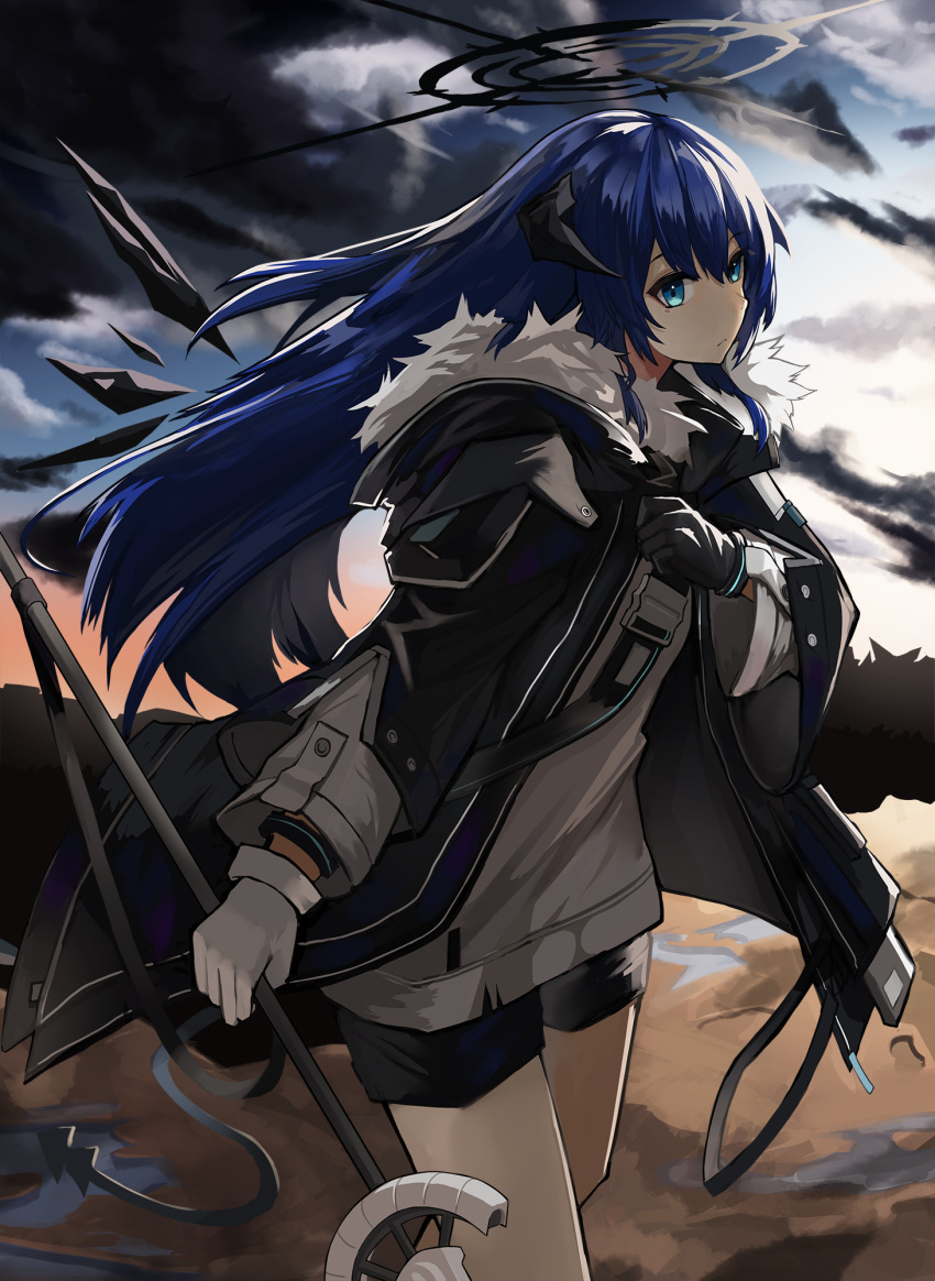 1girl, arknights, asymmetrical_gloves, black_coat, black_gloves, black_shorts, blue_eyes, blue_hair, bracelet, closed_mouth, clouds, cloudy_sky, coat, day, desert, fur-trimmed_coat, fur_trim, gloves, grey_shirt, halo, highres, holding, holding_staff, horns, jewelry, long_hair, long_sleeves, mismatched_gloves, mostima_(arknights), nanamilem, onsen, open_clothes, open_coat, outdoors, shirt, shorts, sky, solo, staff, white_gloves