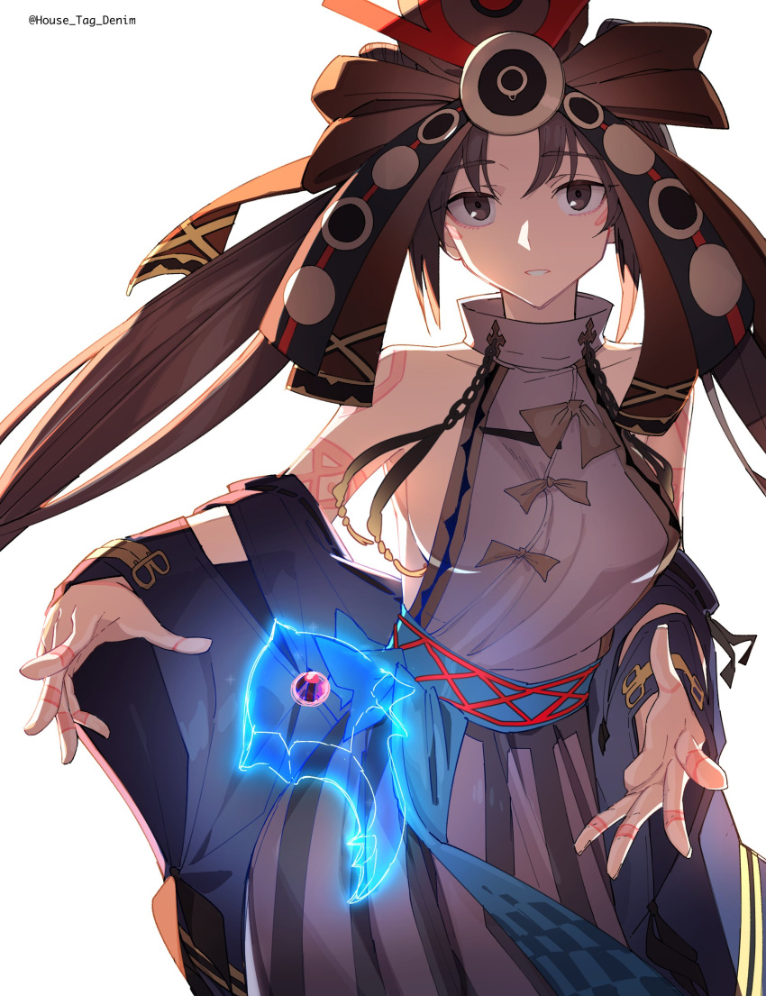 1girl, absurdres, body_markings, breasts, brown_eyes, brown_hair, detached_sleeves, dress