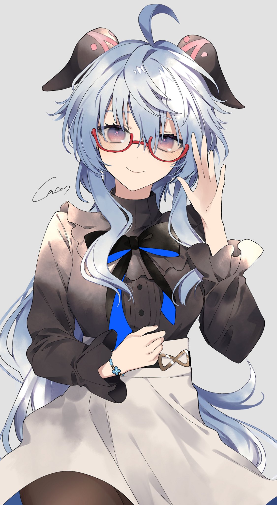 1girl, ahoge, bangs, bead_bracelet, beads, black_bow, black_bowtie, black_shirt, blue_hair, blush, bow, bowtie, bracelet, breasts, brown_pantyhose, closed_mouth, cocoa_miel, frilled_shirt, frills, ganyu_(genshin_impact), genshin_impact, glasses, goat_horns, gradient_eyes, gradient_hair, hand_up, high-waist_skirt, highres, horns, jewelry, long_hair, long_sleeves, looking_at_viewer, medium_breasts, multicolored_eyes, multicolored_hair, official_alternate_costume, pantyhose, ponytail, red-framed_eyewear, semi-rimless_eyewear, shirt, shirt_tucked_in, sidelocks, signature, skirt, smile, solo, turtleneck, two-tone_bowtie, violet_eyes, white_skirt