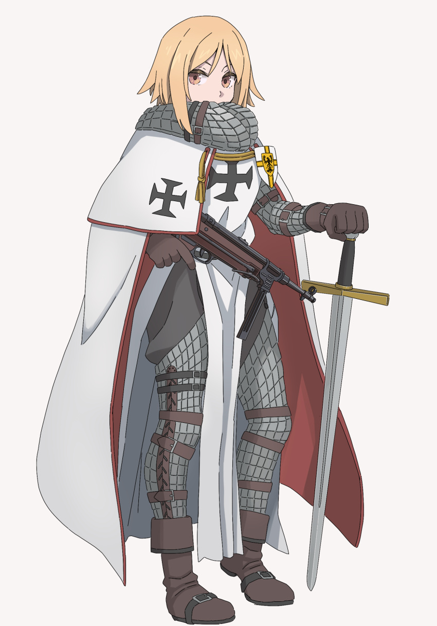 1girl, armor, blonde_hair, brown_eyes, cape, commentary, commission, gauntlets