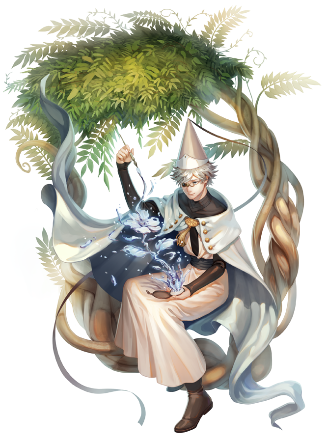 1boy, barham, black_sash, black_shirt, blue_eyes, boots, brown_footwear, buttons, casting_spell, cloak, commentary_request, dress, flower, full_body, glasses, hat, holding, holding_pen, leaf, long_sleeves, male_focus, paper, pen, plant, qifrey_(tongari_boushi_no_atelier), ribbon, sash, shirt, short_hair, simple_background, sitting, solo, tassel, tongari_boushi_no_atelier, uniform, vines, water, white_background, white_dress, white_hair, wizard, wizard_hat